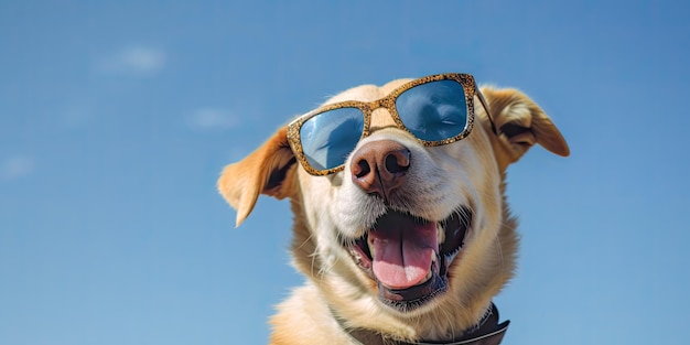 A dog wearing sunglasses and a collar that says'dog'on it '