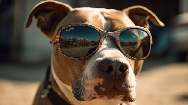 A dog wearing sunglasses and a collar that says'tm'on it