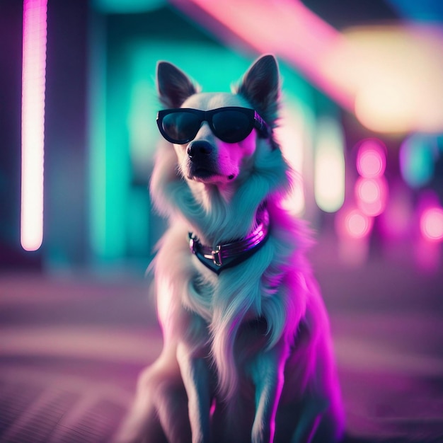 A dog wearing sunglasses and a collar with a lens flare.