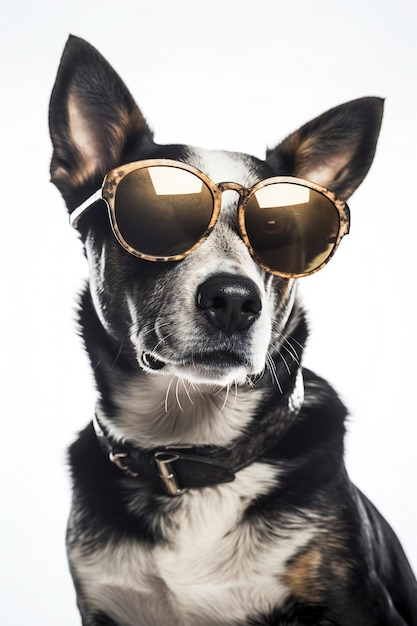 A dog wearing sunglasses and a collar with the word dog on it.