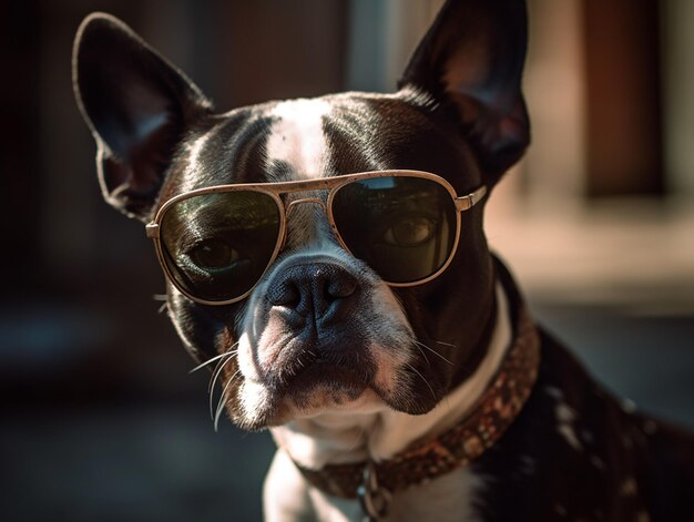 A dog wearing sunglasses and a collar with the word french on it