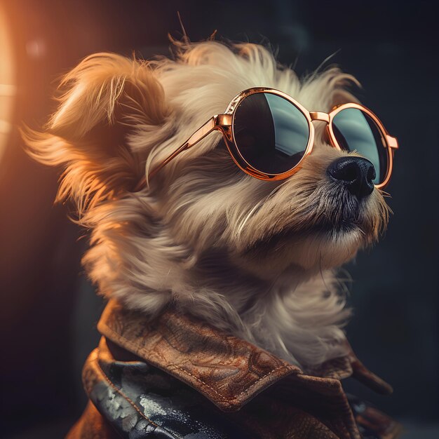 Собака в солнцезащитных очках, одетая в модную одежду в творческом стиле