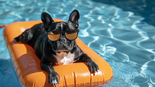 A dog wearing sunglasses and Floating in the Pool summer season summer background