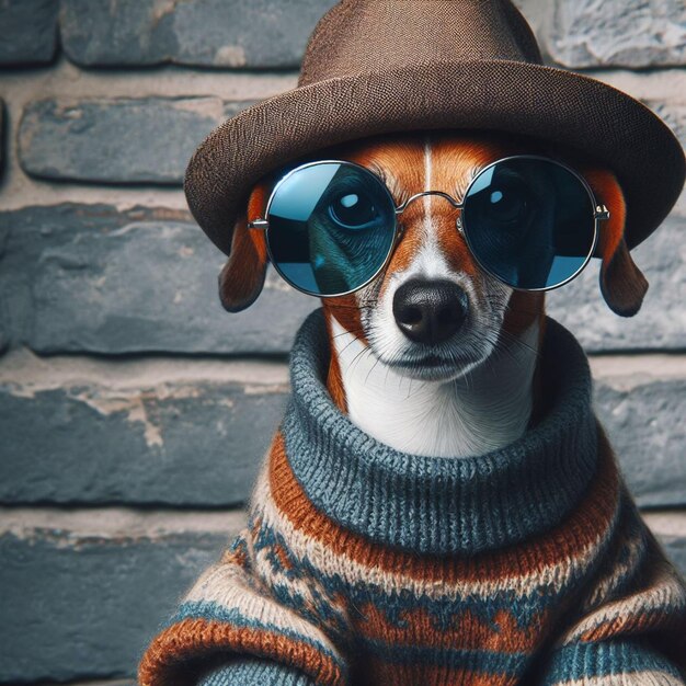 a dog wearing sunglasses and a hat with a brown hat on it