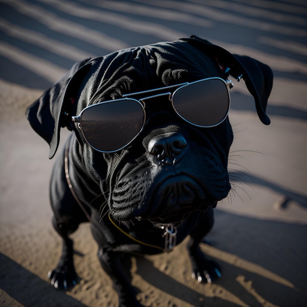 A dog wearing sunglasses and a jacket is standing on the beach.