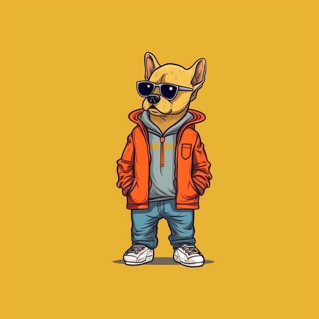 A dog wearing sunglasses and a jacket standing in front of a yellow background generative ai