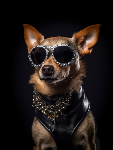 A dog wearing sunglasses and a leather jacket with a silver chain around it.