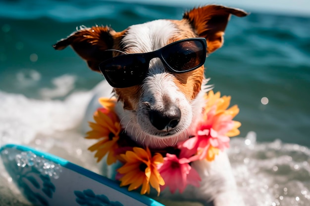 A dog wearing sunglasses and a lei is in the water.