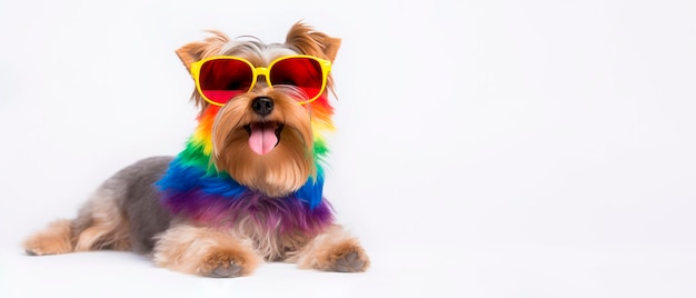 A dog wearing sunglasses and a rainbow colored coat