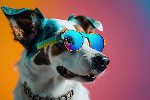 A dog wearing sunglasses and a rainbow colored collar