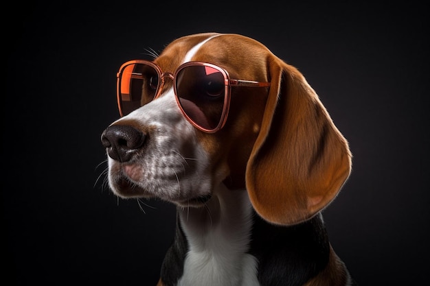 A dog wearing sunglasses and a red and white beagle wearing sunglasses.