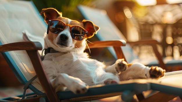 太陽眼鏡をかぶった犬がプールでリラックスする 夏と休みのコンセプト