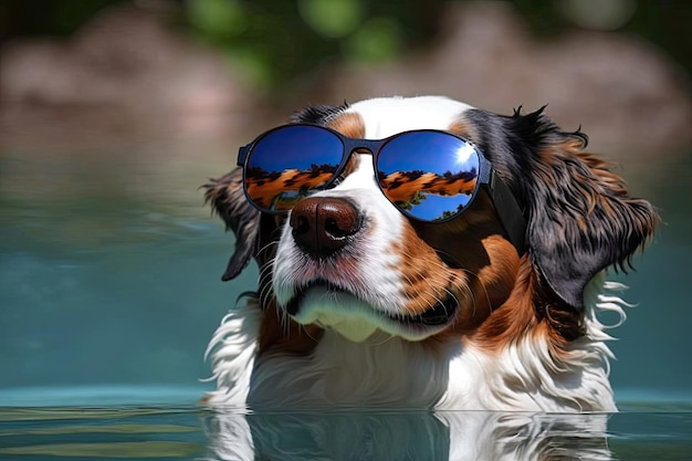 A dog wearing sunglasses relaxing in the water