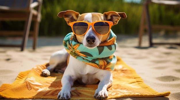 A dog wearing sunglasses and a scarf sits on a beach.