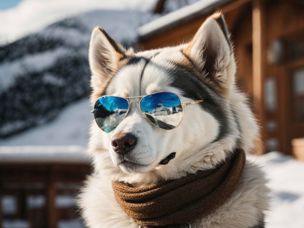 山を背景に雪の中でサングラスとスカーフをした犬