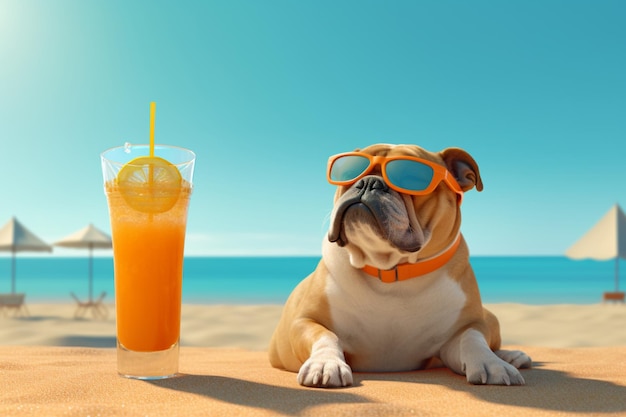 A dog wearing sunglasses sits on a beach next to a glass of orange juice