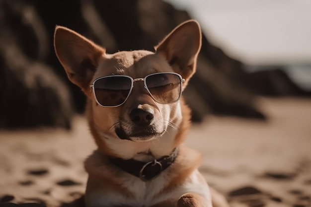 A dog wearing sunglasses sits on a beach