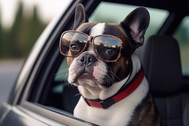 A dog wearing sunglasses sits in a car with the word dog on it.