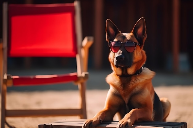 Собака в темных очках сидит на шезлонге перед красным стулом.