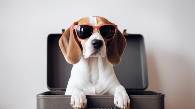 A dog wearing sunglasses sits in a suitcase.