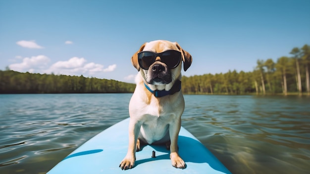 A dog wearing sunglasses sits on a surfboard in a lake.