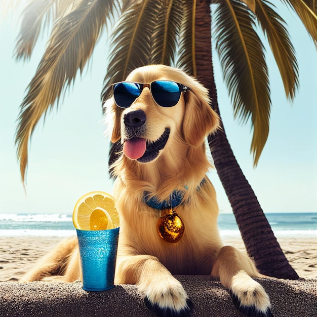 Dog wearing sunglasses and sitting on a beach generative ai