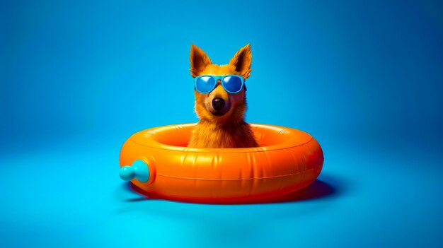 Dog wearing sunglasses and sitting in inflatable pool floater generative ai