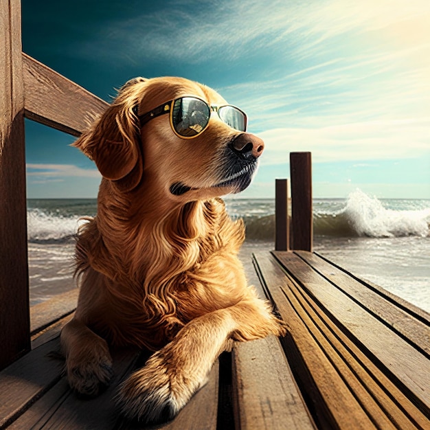 Dog wearing sunglasses and sitting on a wooden deck generative ai