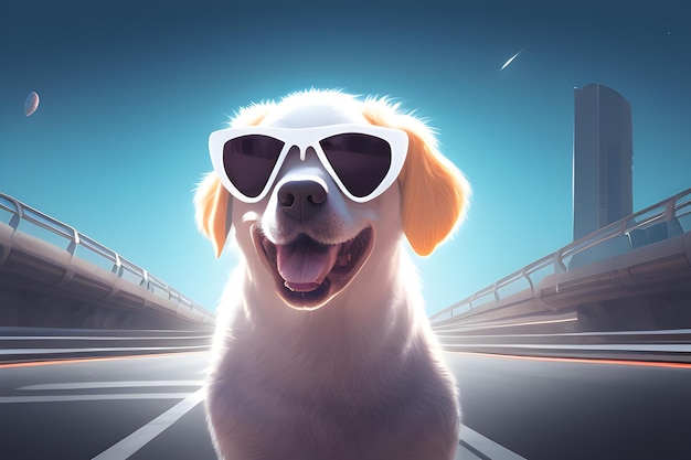 A dog wearing sunglasses on a space background