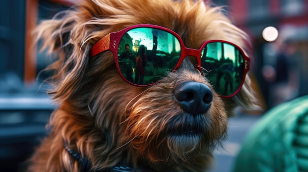 A dog wearing sunglasses that says'i love dogs'on it