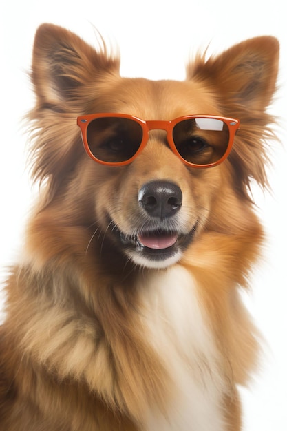 A dog wearing sunglasses and a white background