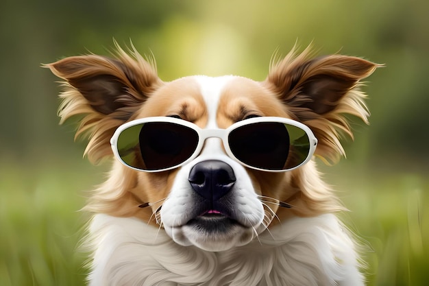 A dog wearing sunglasses and a white dog wearing sunglasses.