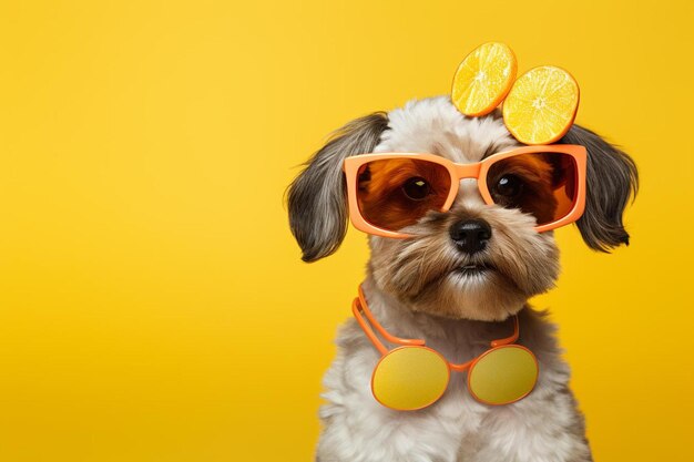 A dog wearing sunglasses with orange frames and a bow tie.