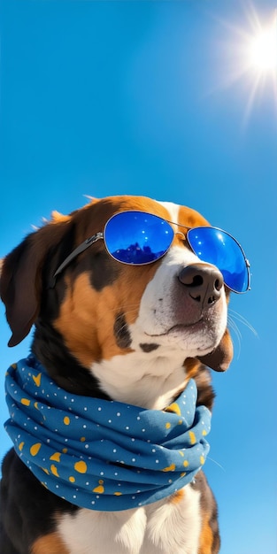 A dog wearing sunglasses with the reflection of a tree in the window.