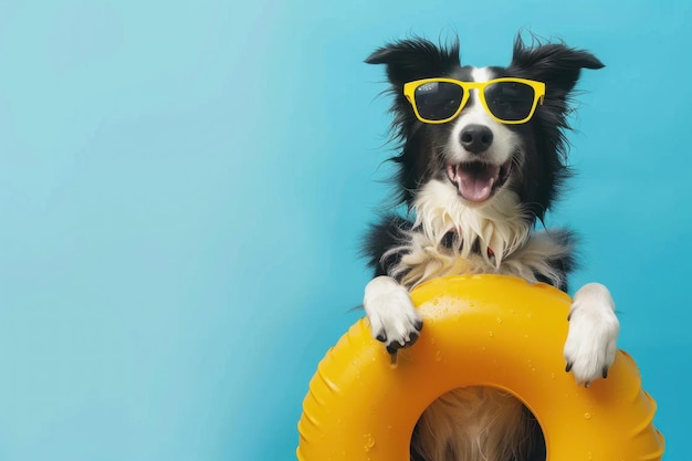 dog wearing sunglasses with a swim ring with a blue background summer vacation concept