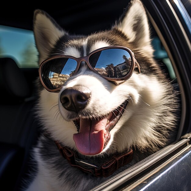 a dog wearing sunglasses with the word dog on it