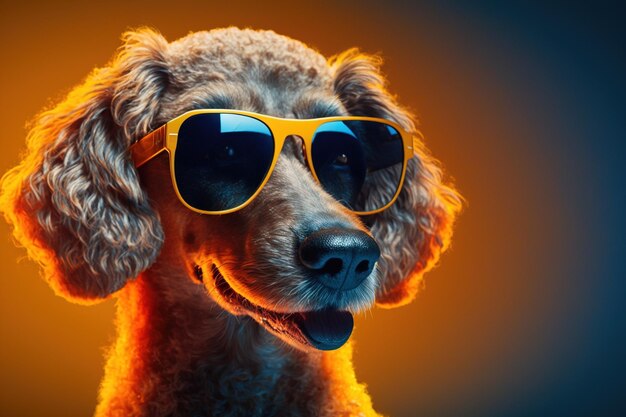 A dog wearing sunglasses and a yellow and orange background