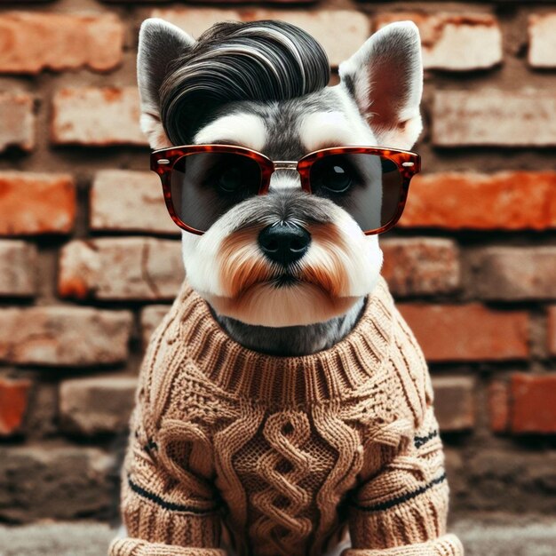 스웨터와 선글라스를 입은 개가 벽돌 벽에 앉아 있다