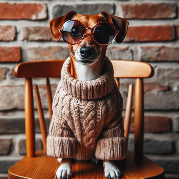 스웨터와 선글라스를 입은 개가 나무 의자에 앉아 있다