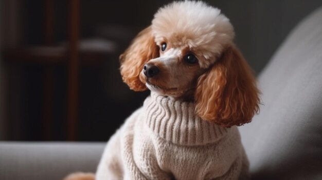 A dog wearing a sweater that says'dog sweater '