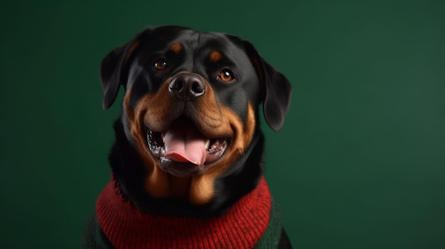 「ロットワイラー」と書かれたセーターを着た犬