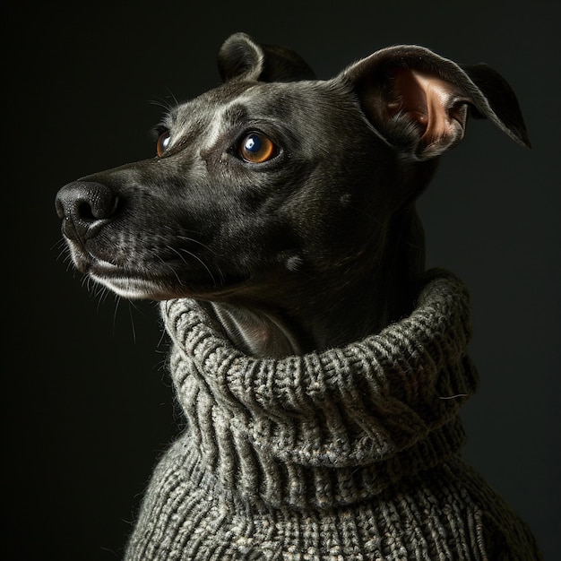 a dog wearing a sweater