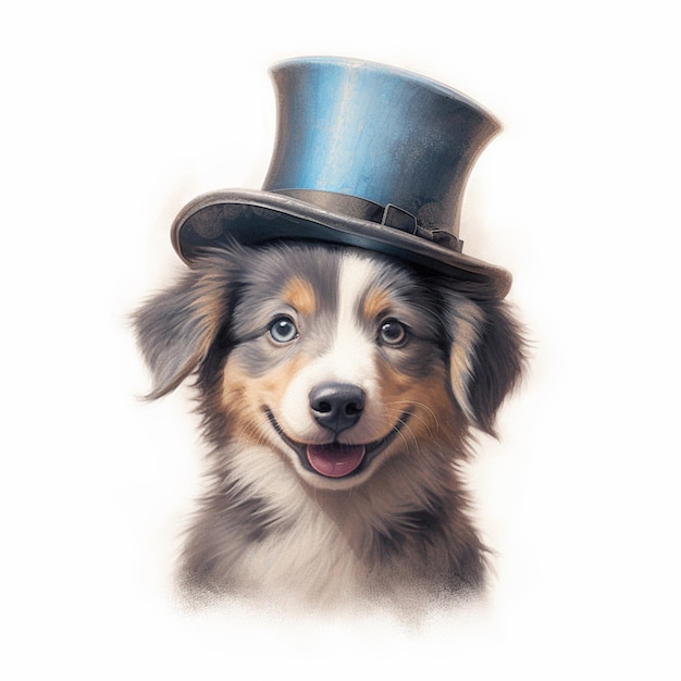 A dog wearing a top hat that says'dog'on it '