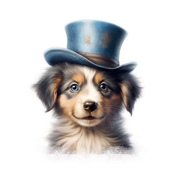 A dog wearing a top hat with a gold design on it.