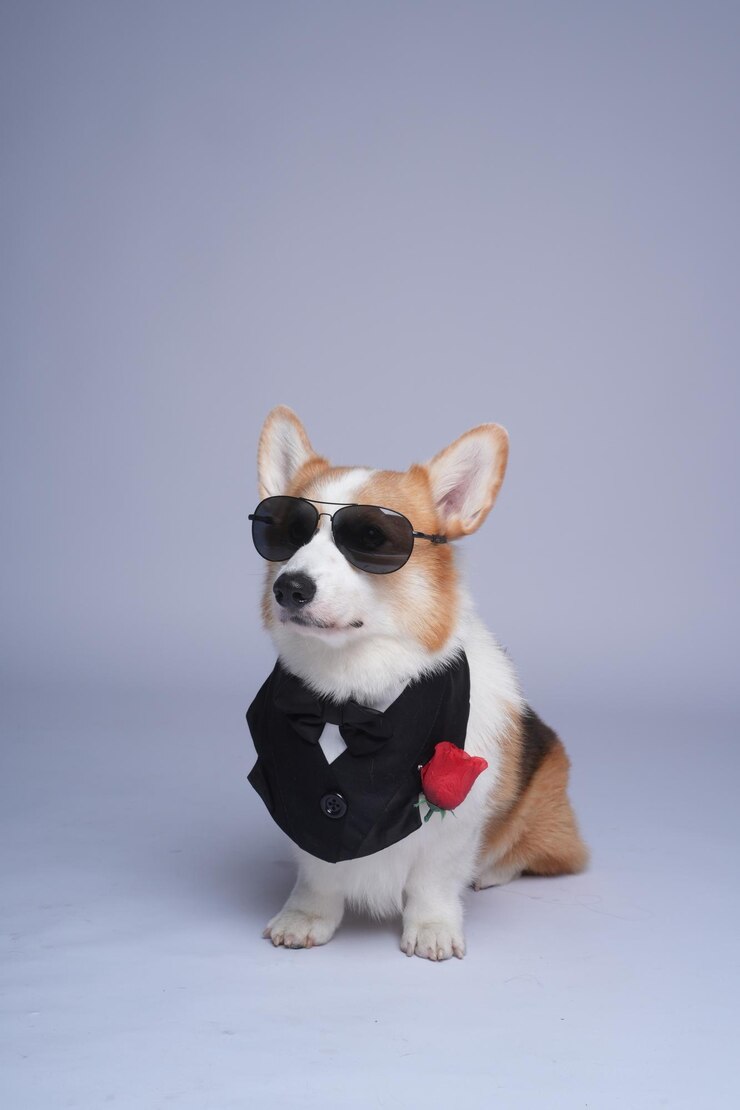 a dog wearing a tuxedo suit and a tuxedo jacket