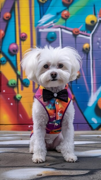 A dog wearing a vest that says'love is in the air '