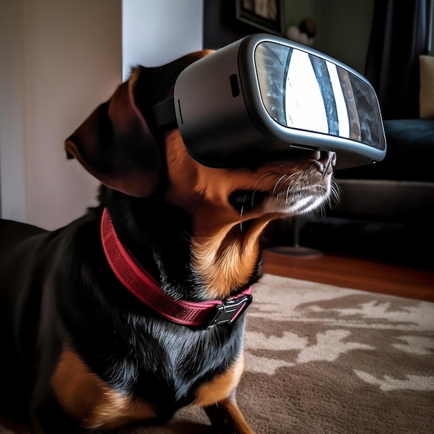 VR ヘッドセットを装着した犬がメタバース生成 AI を観察