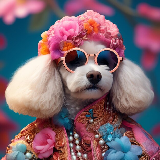 dog wearing a wig and a sunglasses