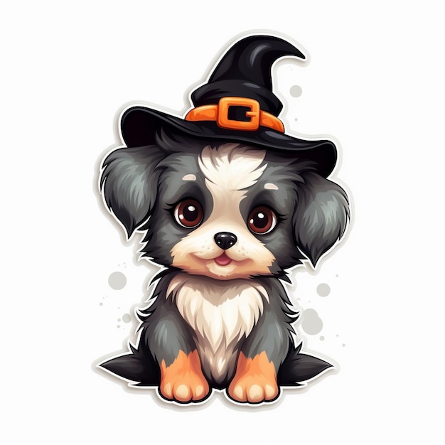 a dog wearing a witch hat that says halloween on it