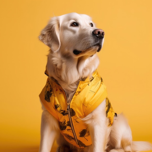 A dog wearing a yellow jacket that says'golden retriever'on it